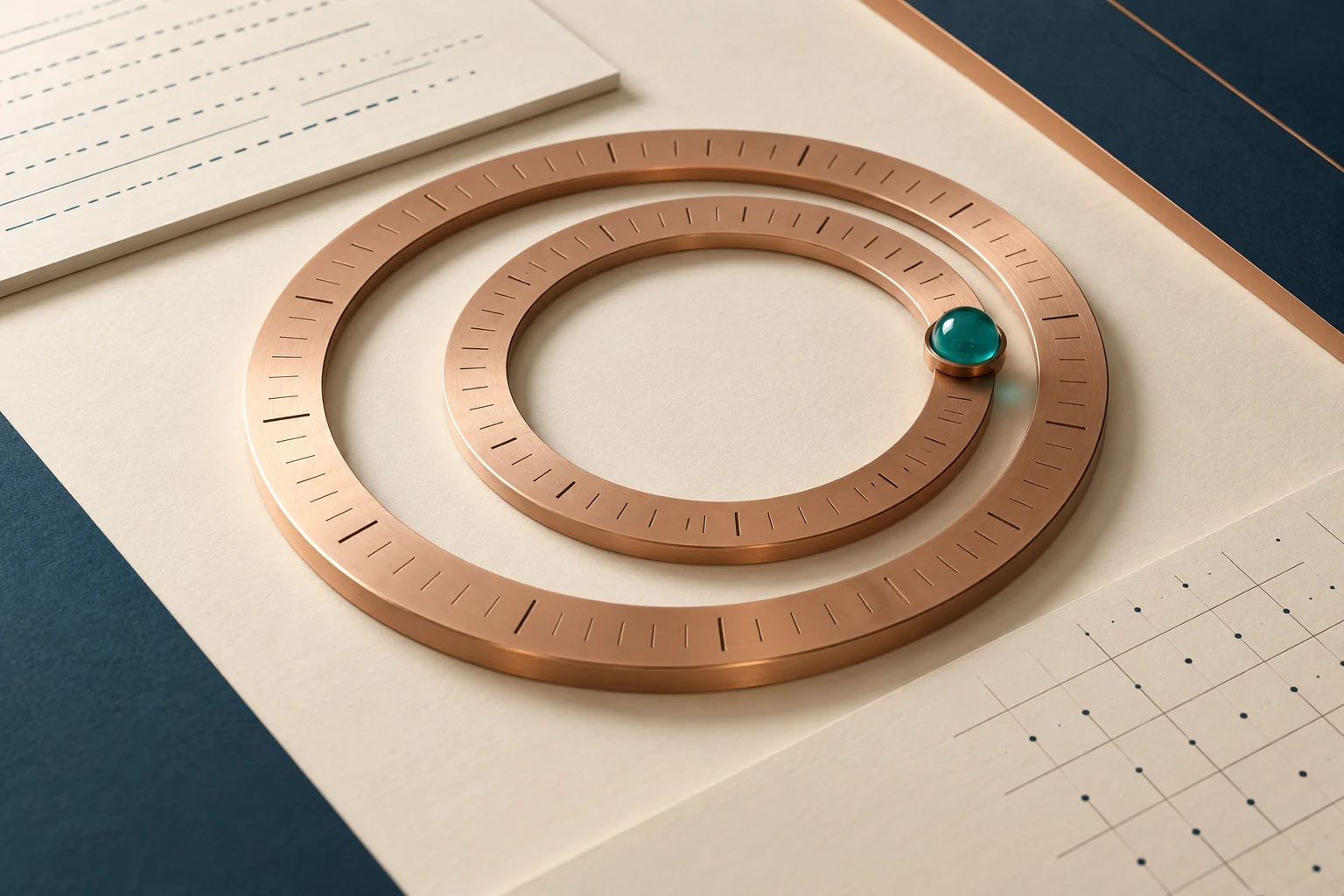 Two brushed copper rings with a teal marker, an abstract annual date motif.