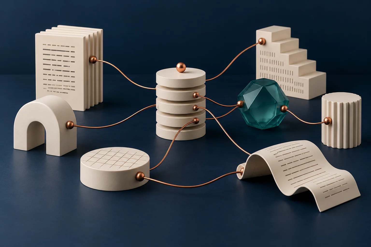 Distinct ivory ceramic forms connected by copper threads, representing shared knowledge.