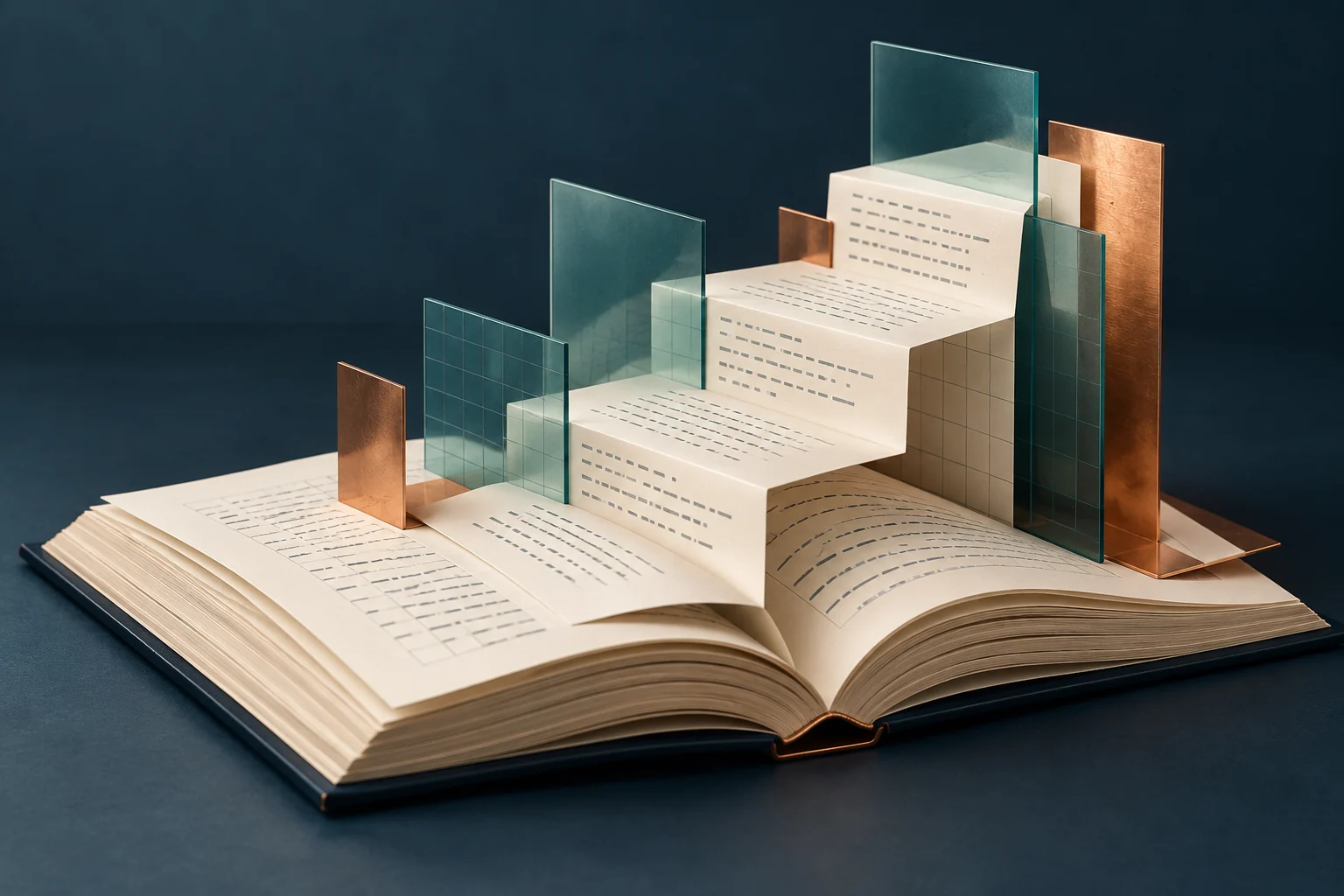 An open ivory book with folded paper steps and translucent teal panels.
