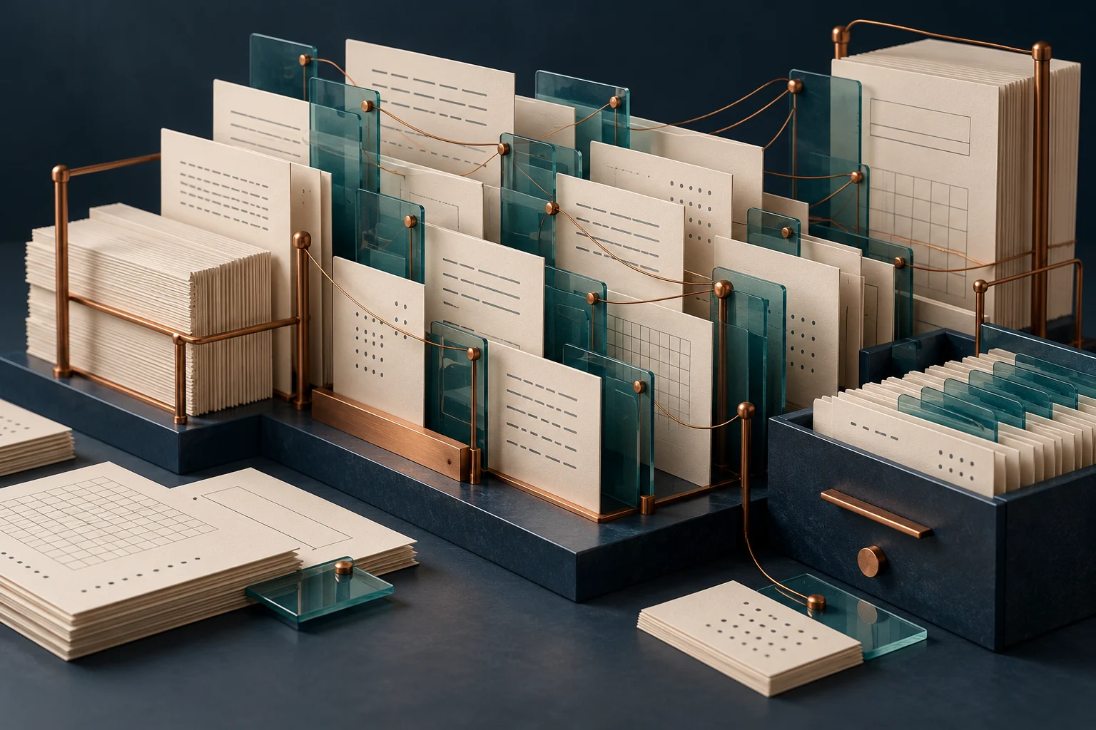 Ivory research sheets and teal glass dividers connected by fine copper threads.