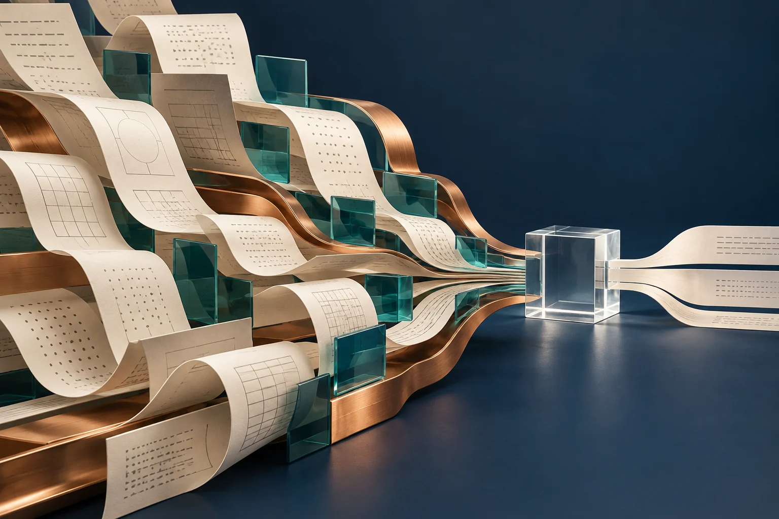 Sculptural ivory paper and copper channels converging around teal glass information tiles.