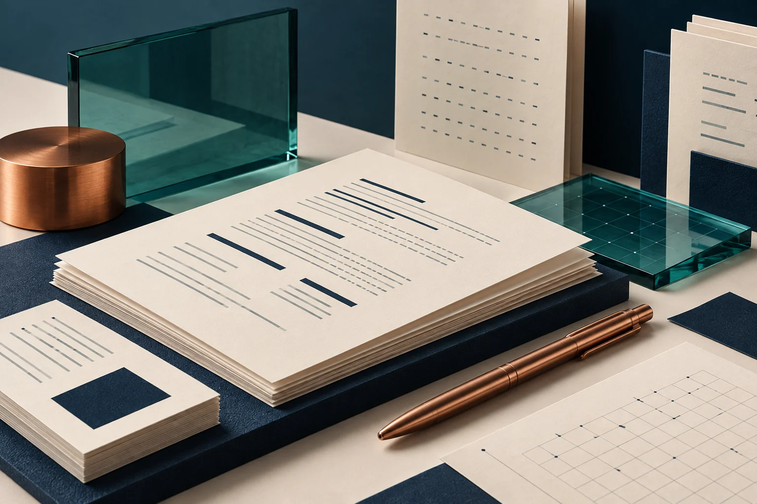 Ivory documents, a copper pen and a teal glass sheet arranged as an abstract press kit.