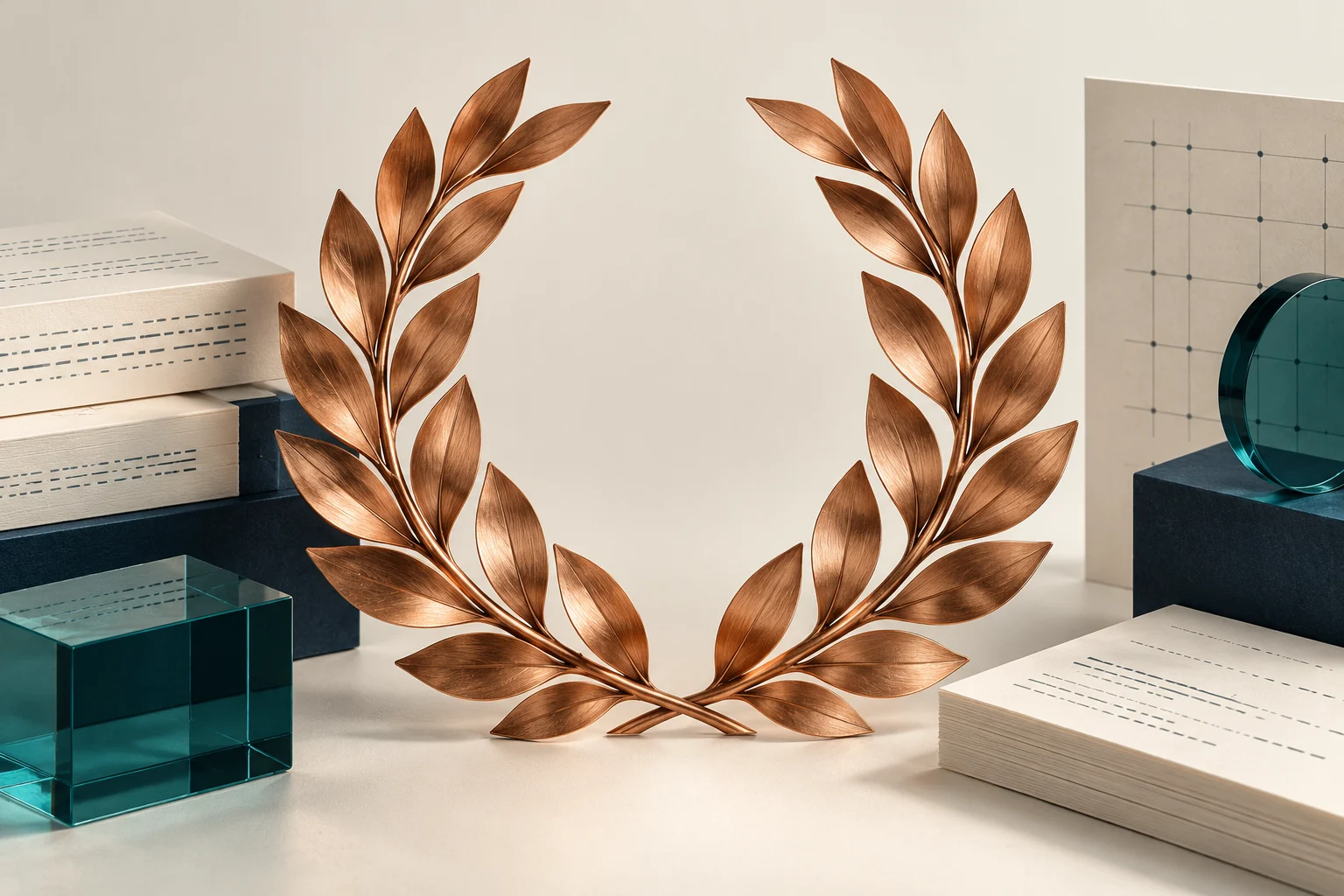 An open sculptural laurel of brushed copper leaves on warm ivory.