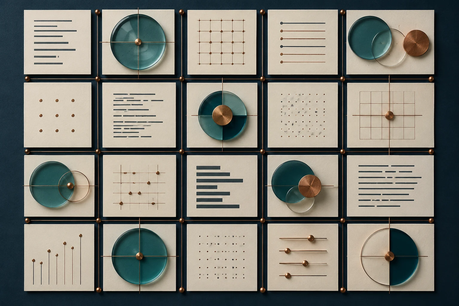 An overhead arrangement of ivory research tiles, copper guides and teal glass markers.