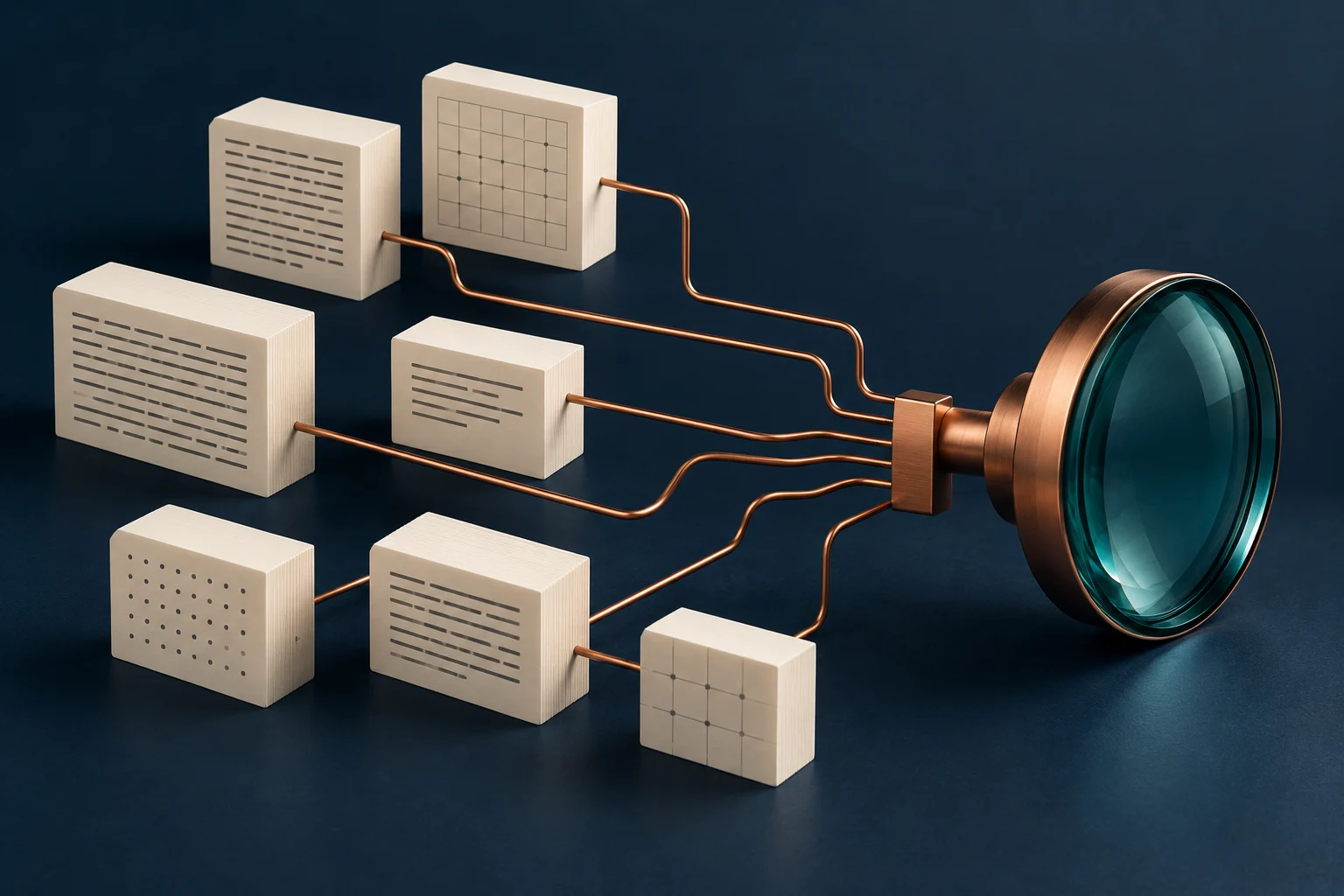 Ivory source blocks connected by copper paths to a teal glass lens.